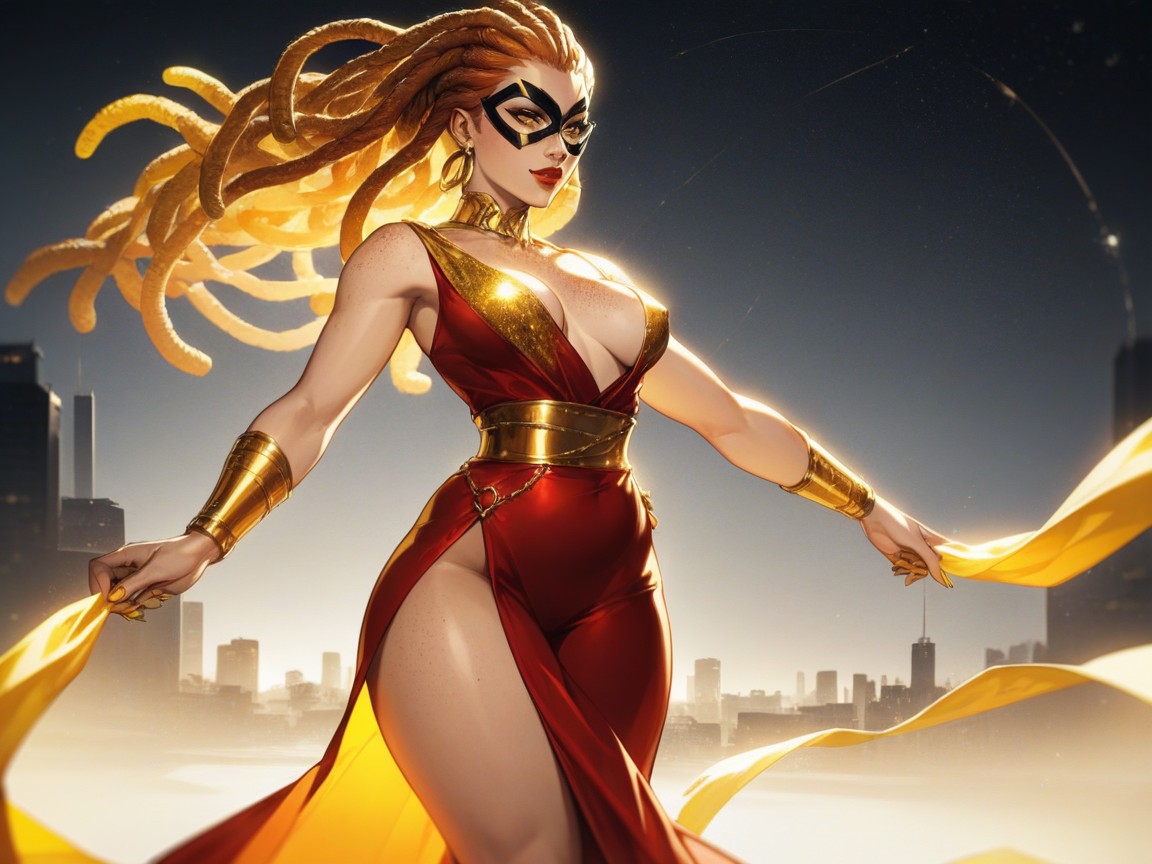 Pecas, Rounded Torso, Golden City Skyline Background Porno IA