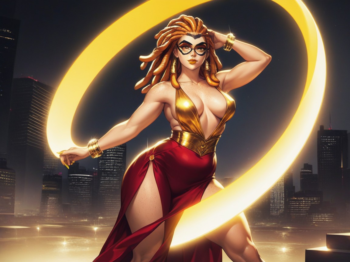 Sky Scrapers In Distance, Vibrant Saturated Colors, Gold Bangles And Anklets Hentai AI Porn
