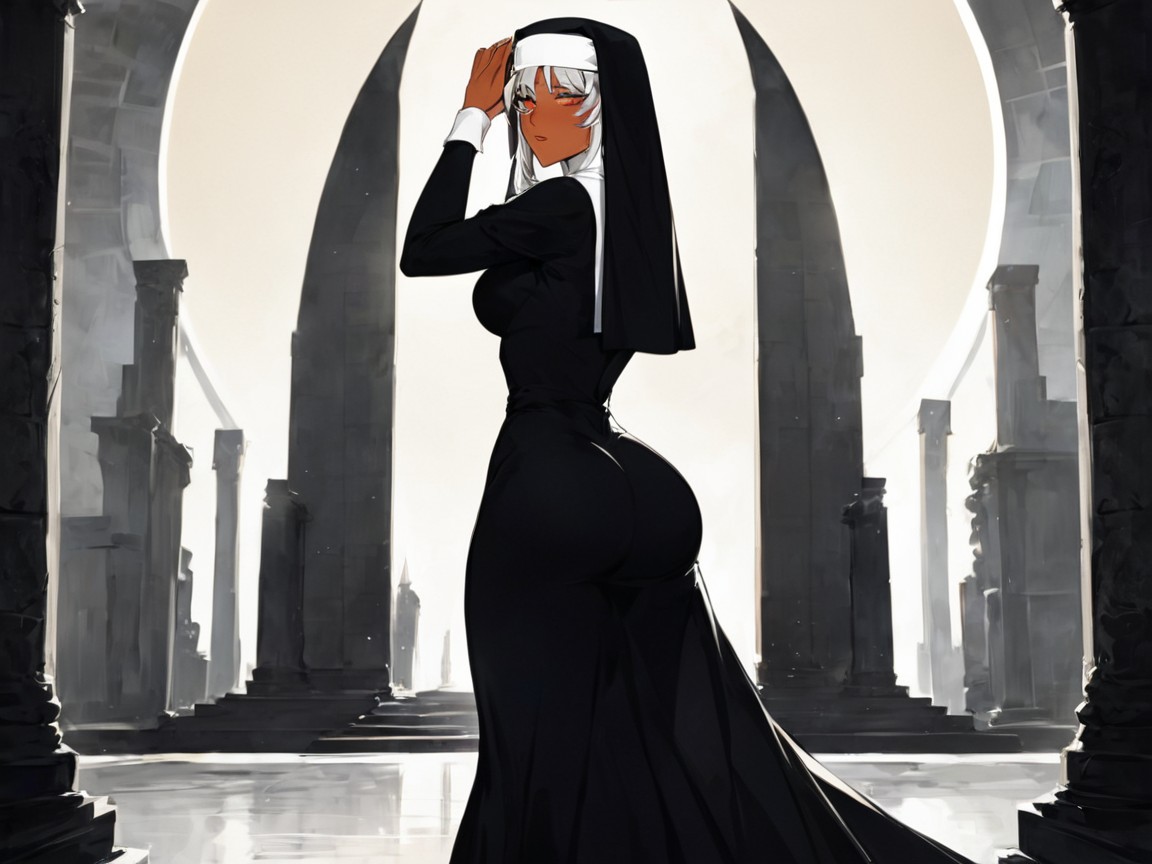 Afterimage, Massive Ass, Wearing Silver Tiger Print Nun Clothes Latina AI Porn