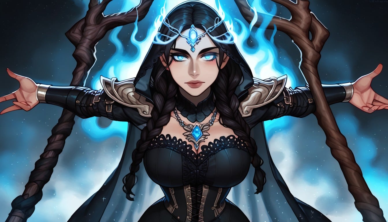 Elegant Wooden Staff, Moonstone Necklace Gem, Energy Particles Glow Hentai AI Porn