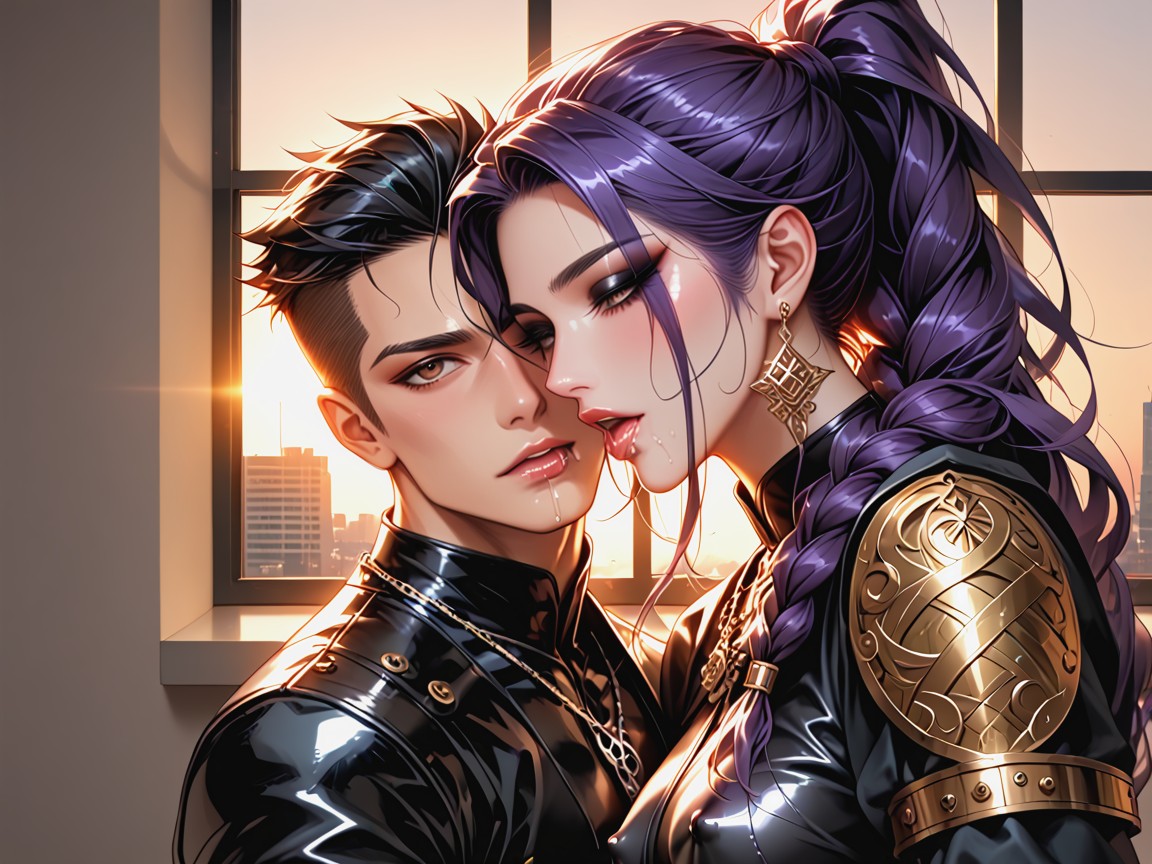 Small Breasts, Slicked, Ornate Black Leather Costume With Shoulder Pads And Seethrough Mesh Panels Hentai AI Porn