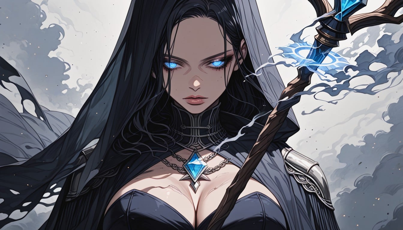 Pale Porcelain Skin, Glowing Blue Eyes, Dark Polished Wood Hentai IA