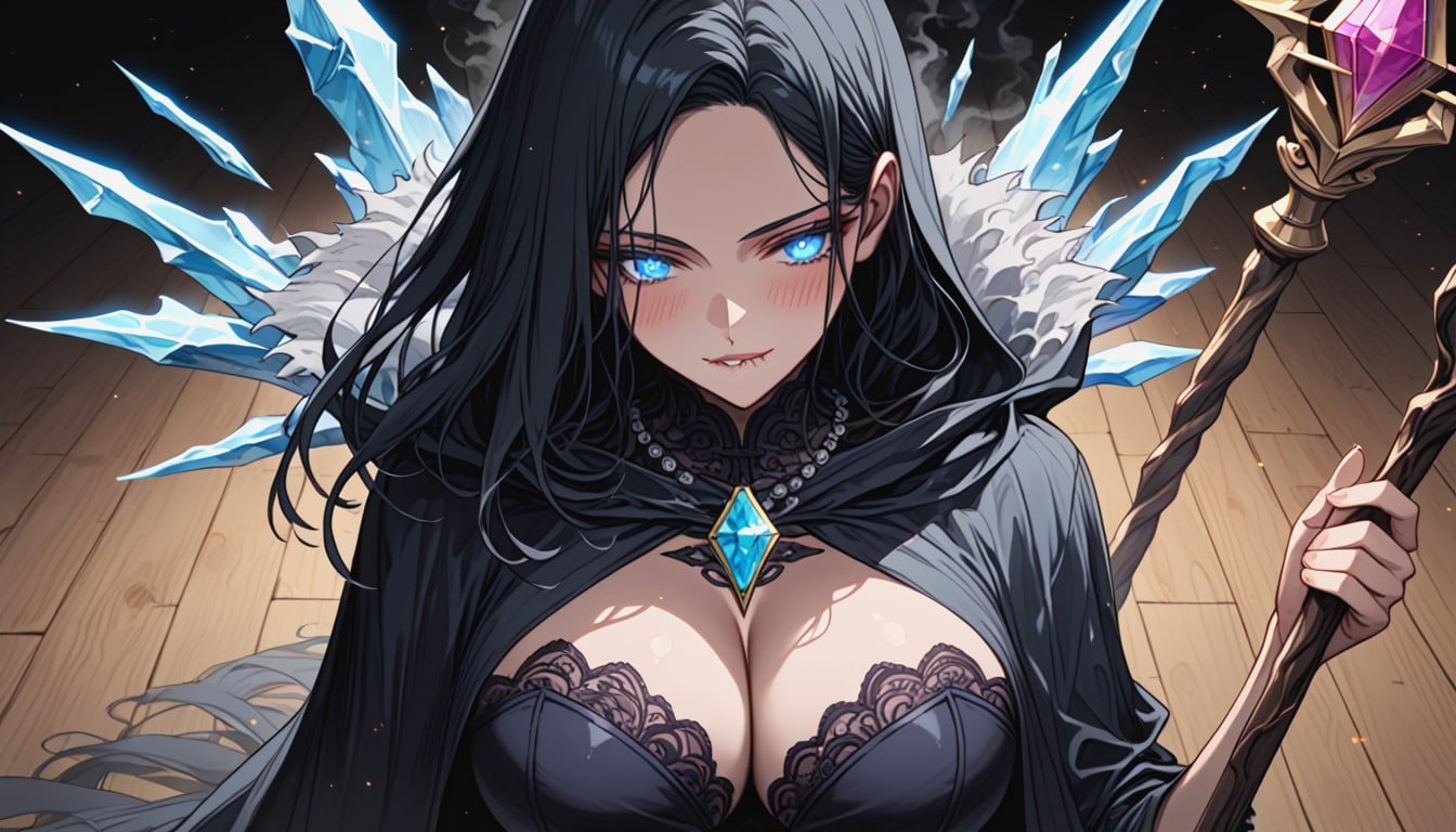 Flowing Floor Length Cloak, Dark Velvet Dress, Silver Arm Bracelets Hentai IA