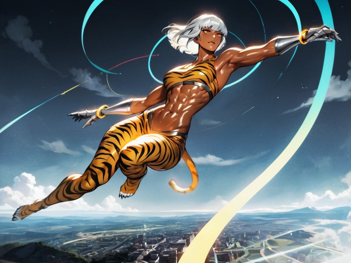 Cloudy Sky Background, Wearing Silver Tiger Print Superhero Clothes, 前髪 ラティーナAIエロ