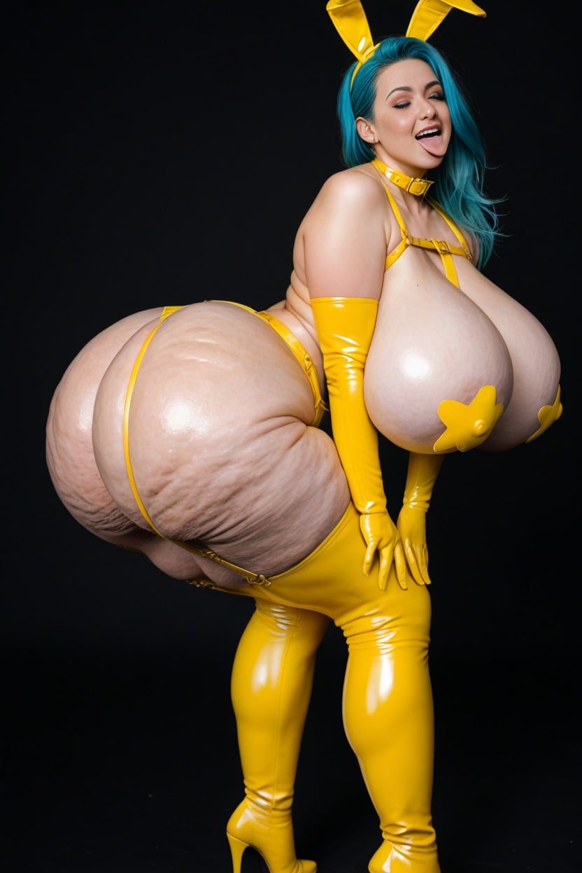 Hyperrealistic, Yellow Latex Thigh High Boots, Red Barrette Porno IA