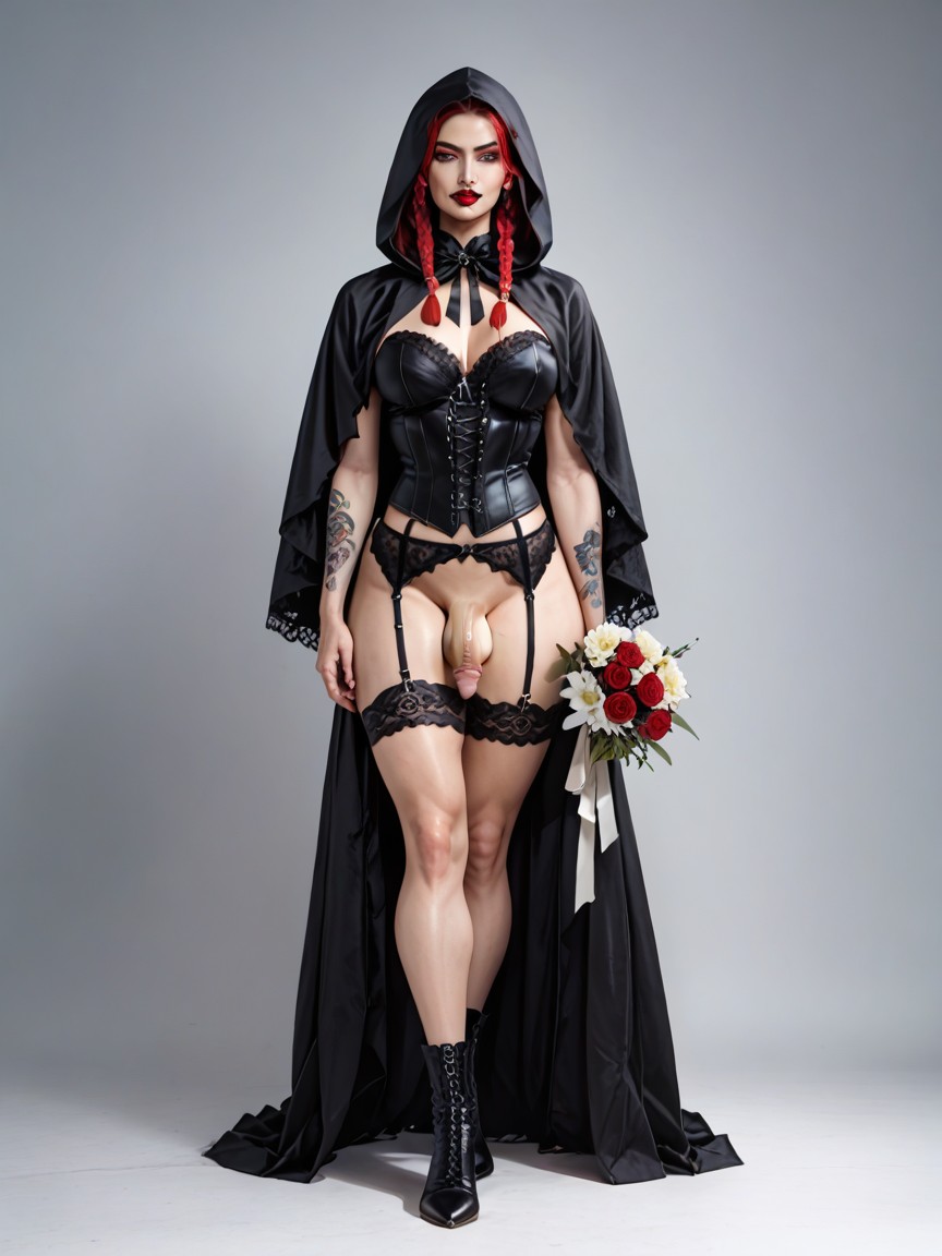 Ultra Realistic, Black Garter Belt, Black Corset Shemale AI Porn