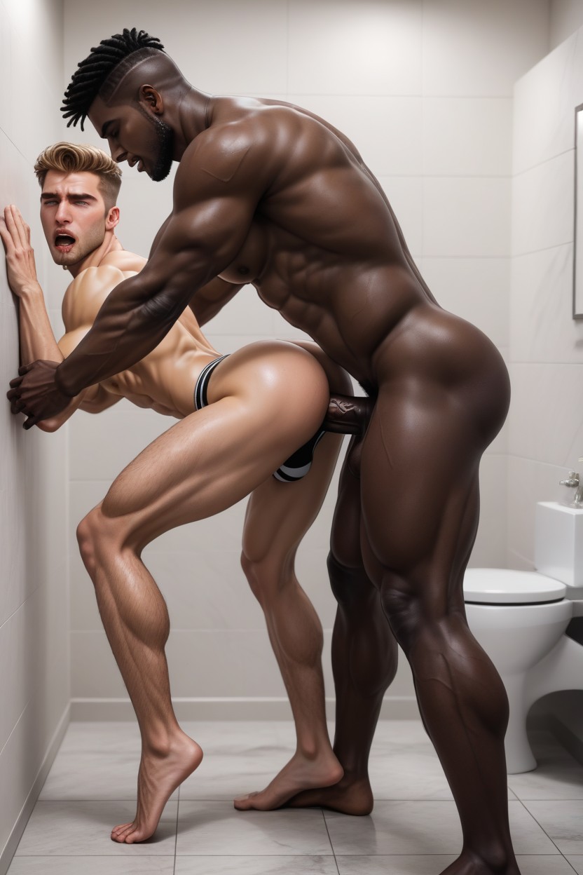 Black Dick Deep In Caucasian Ass, Standing Rear View, Fucked Silly AI Gay Porn