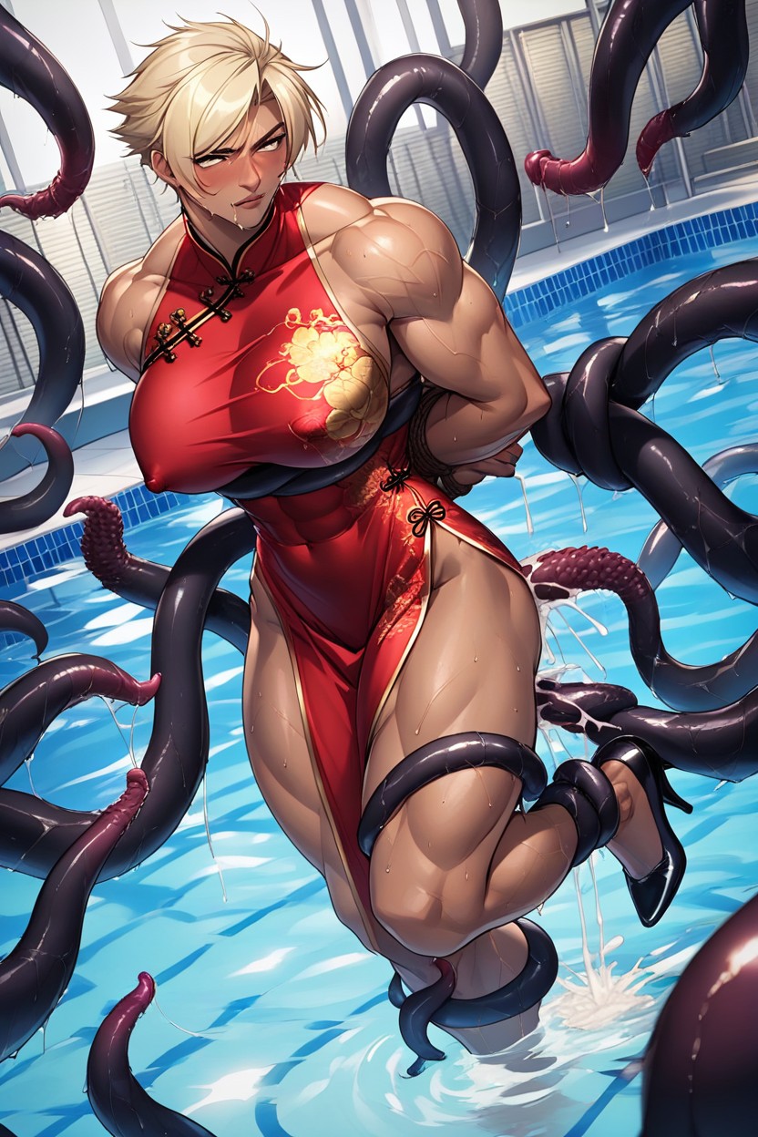 Muscular, S, Her Hands And Legs Are Bound By Black Tentacles AI Porn