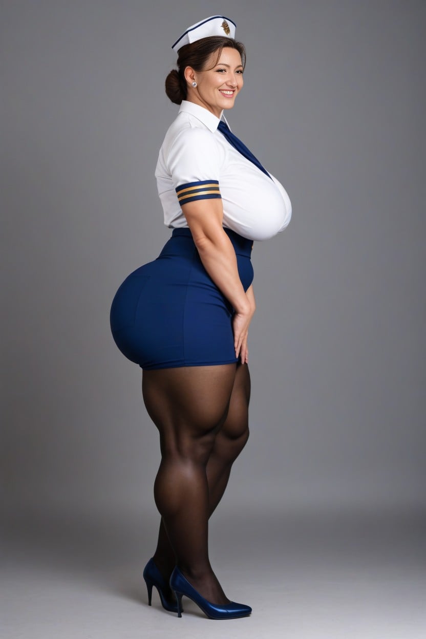 White Flight Attendant Blouse, Sexy Smile, Giant Ass AI Porn