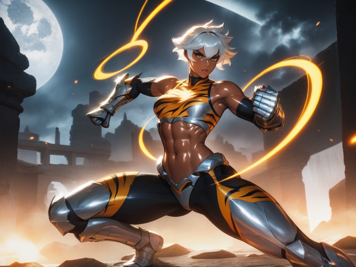 Wearing Silver Tiger Print Superhero Clothes, Squared Chest Width, Squared Thick Thighs Hentai IA