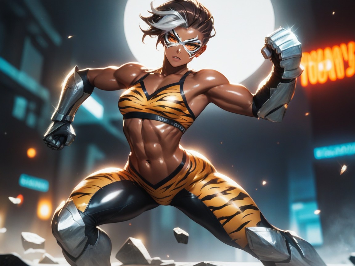 Fighting Pose, Broken Rocks In Background, Wearing Silver Tiger Print Superhero Clothes Hentai KI Porno