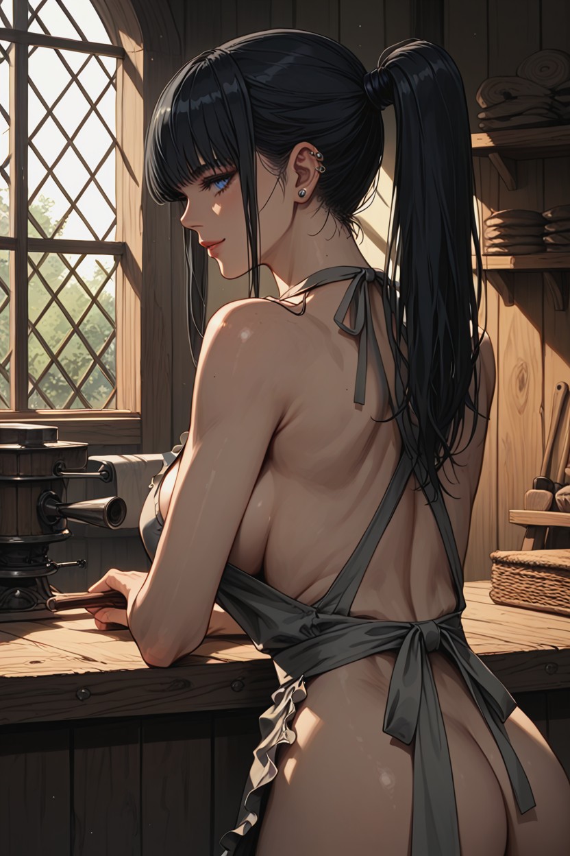 Intimate Workshop Scene, Natural Eye Color, Smiling Hentai AI Porn