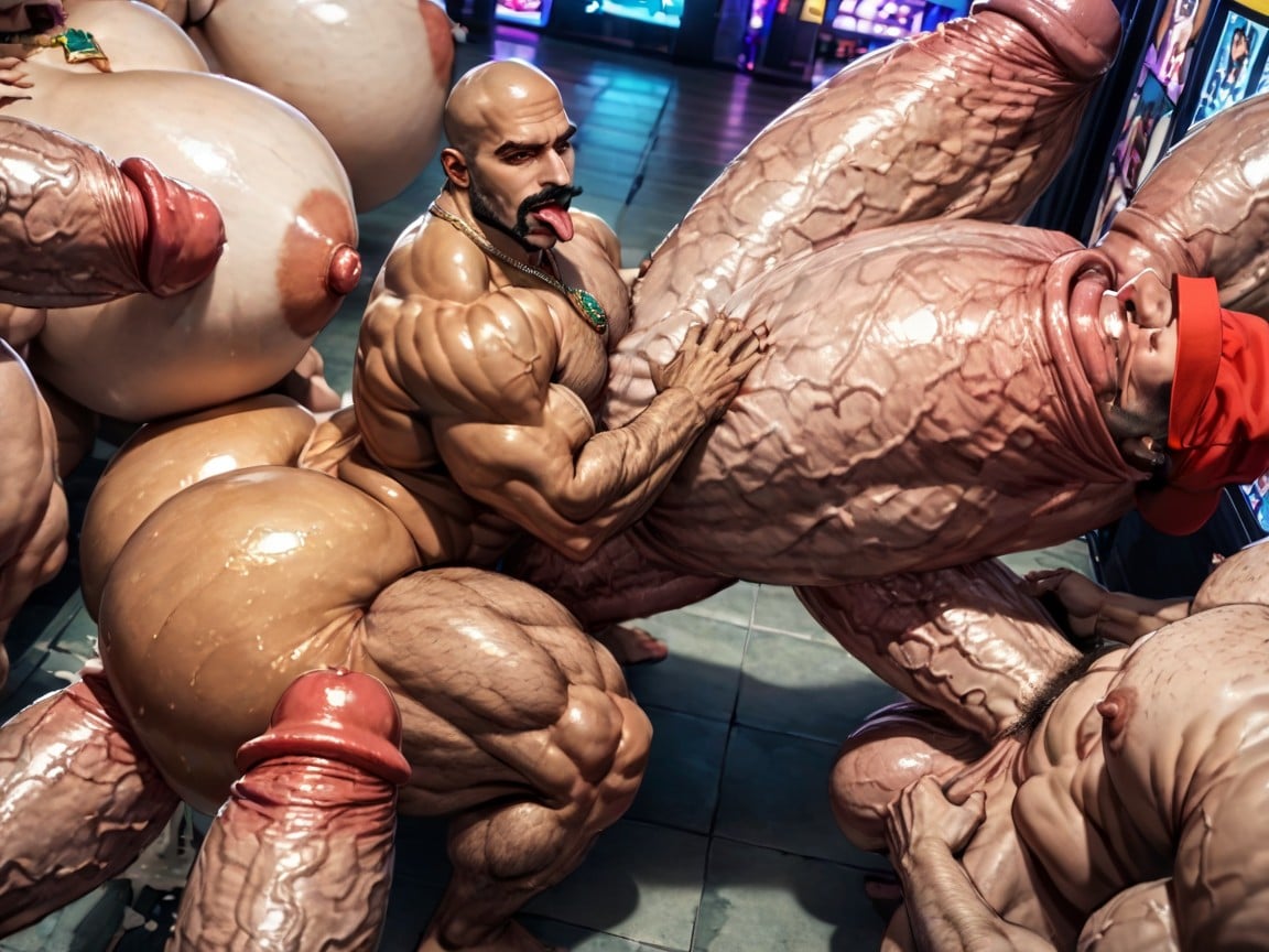 Thick Moustache With Beard, Rough Hyper Huge Cocks Everywhere On Him, Tongue Out AI Gay Porn