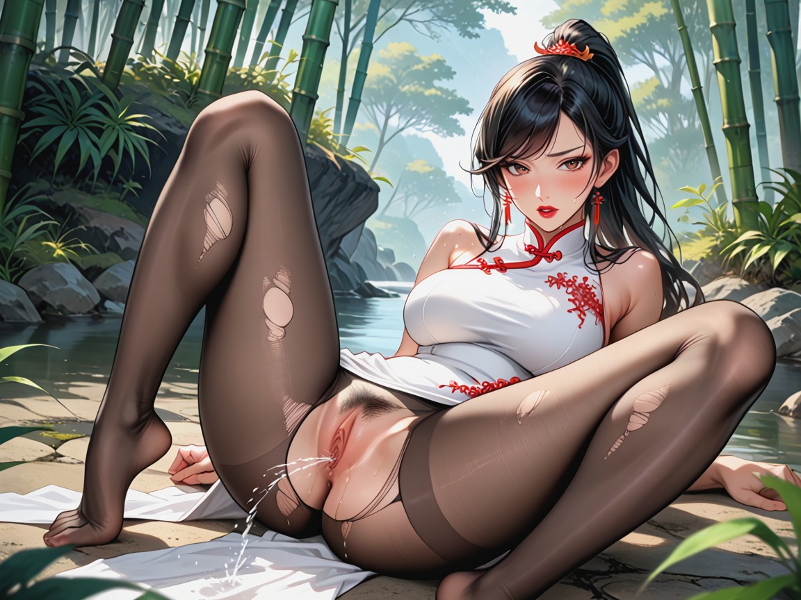 Hair, Sweaty Skin, White Cheongsam Dress Hentai AI Porn