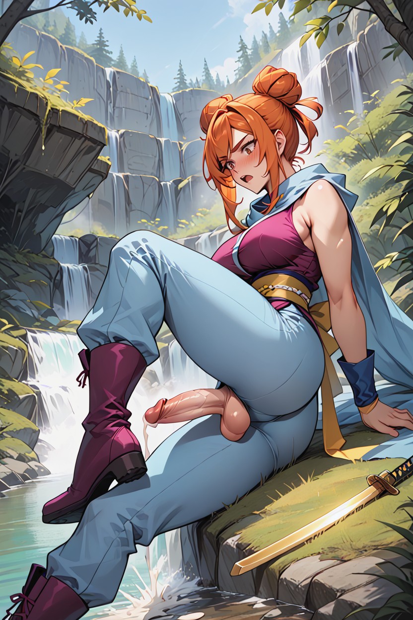 Sad Eyebrows, Laying On Side, Puffy Light Blue Ninja Pants Shemale AI Porn
