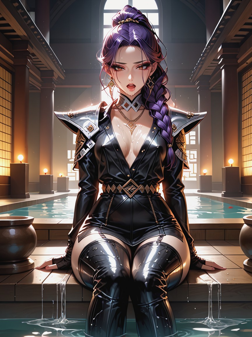 Korean Bathhouse, Luxurious Metallic Black Ankle Boots, Ornate Black Leather Costume With Shoulder Pads And Seethrough Mesh Panels Hentai IA