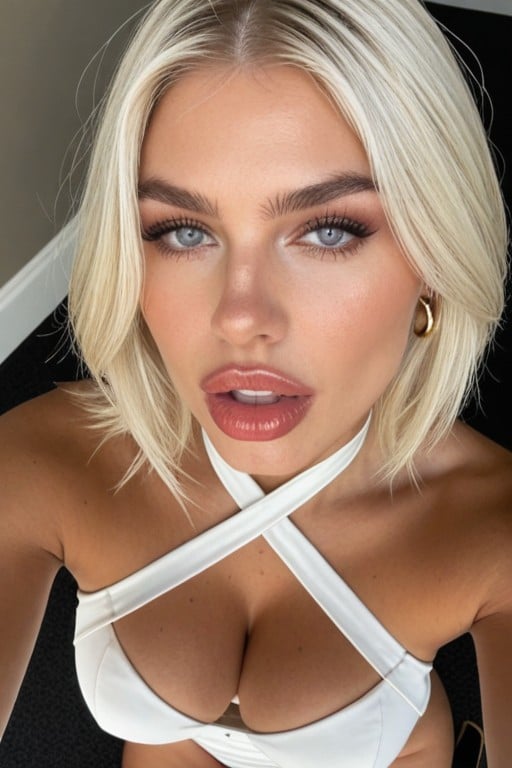 Very Elegant Woman, A Stunning Blonde Tall Model With Medium Length Hair, Close View AI Porn