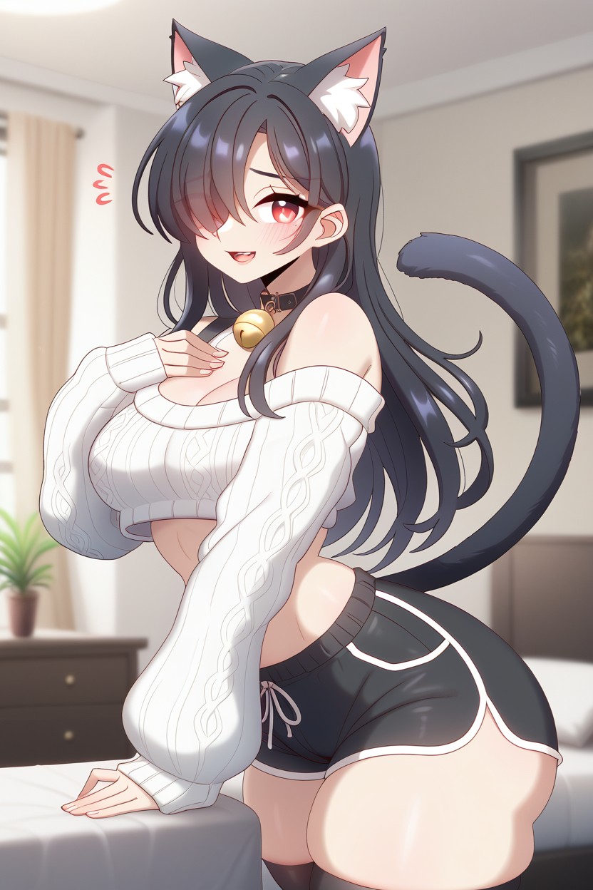 Cat Ears, Red Eyes, Black Hair Hentai AI Porn