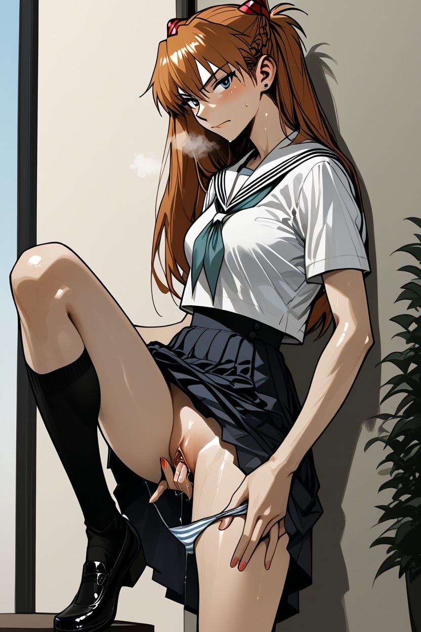 No Panties, Blushing, Leaning Against Wall Porno IA Hentai