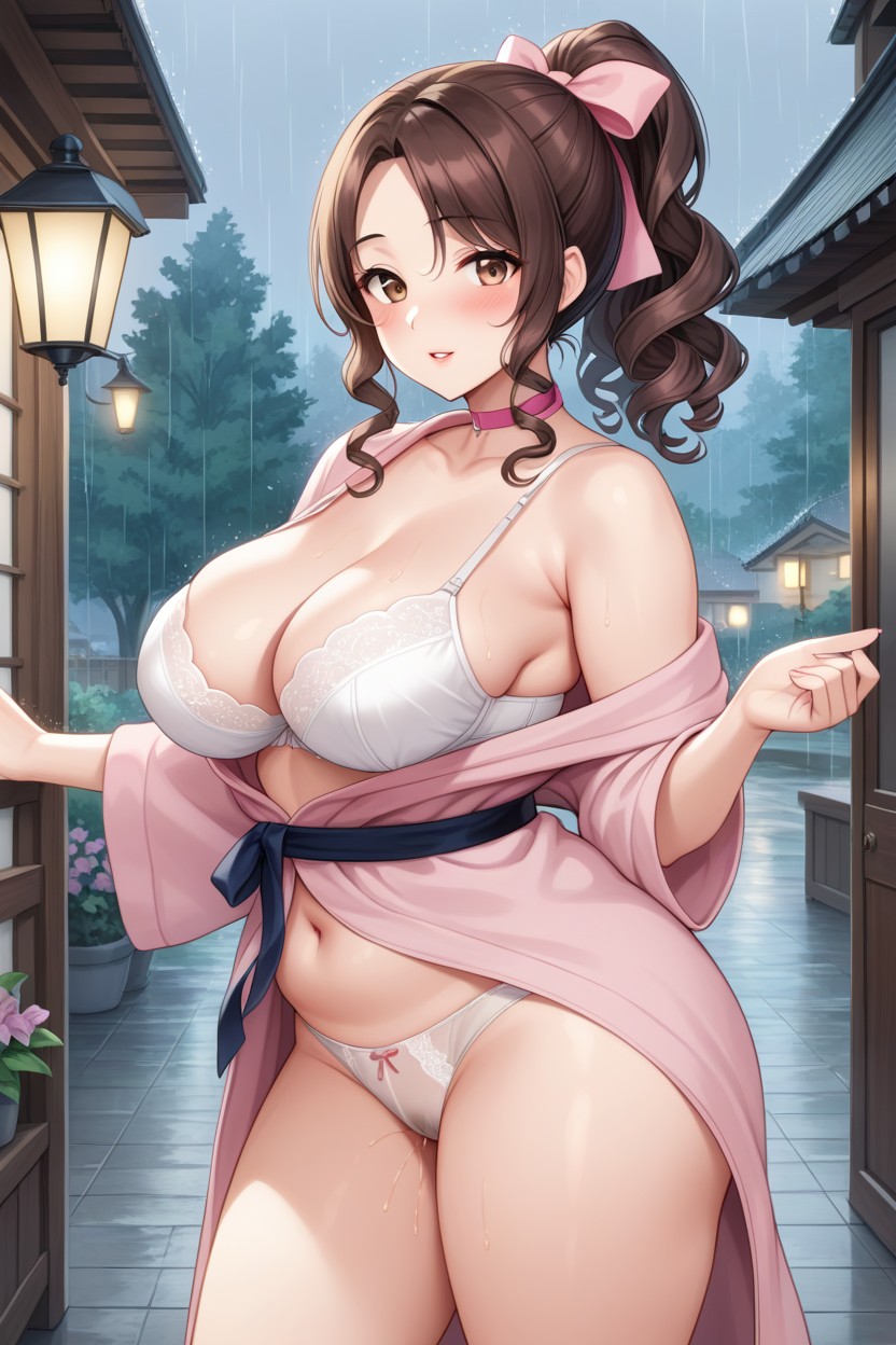 Pink Bathrobe, Brown Eyes, White Panties Hentai AI Porn