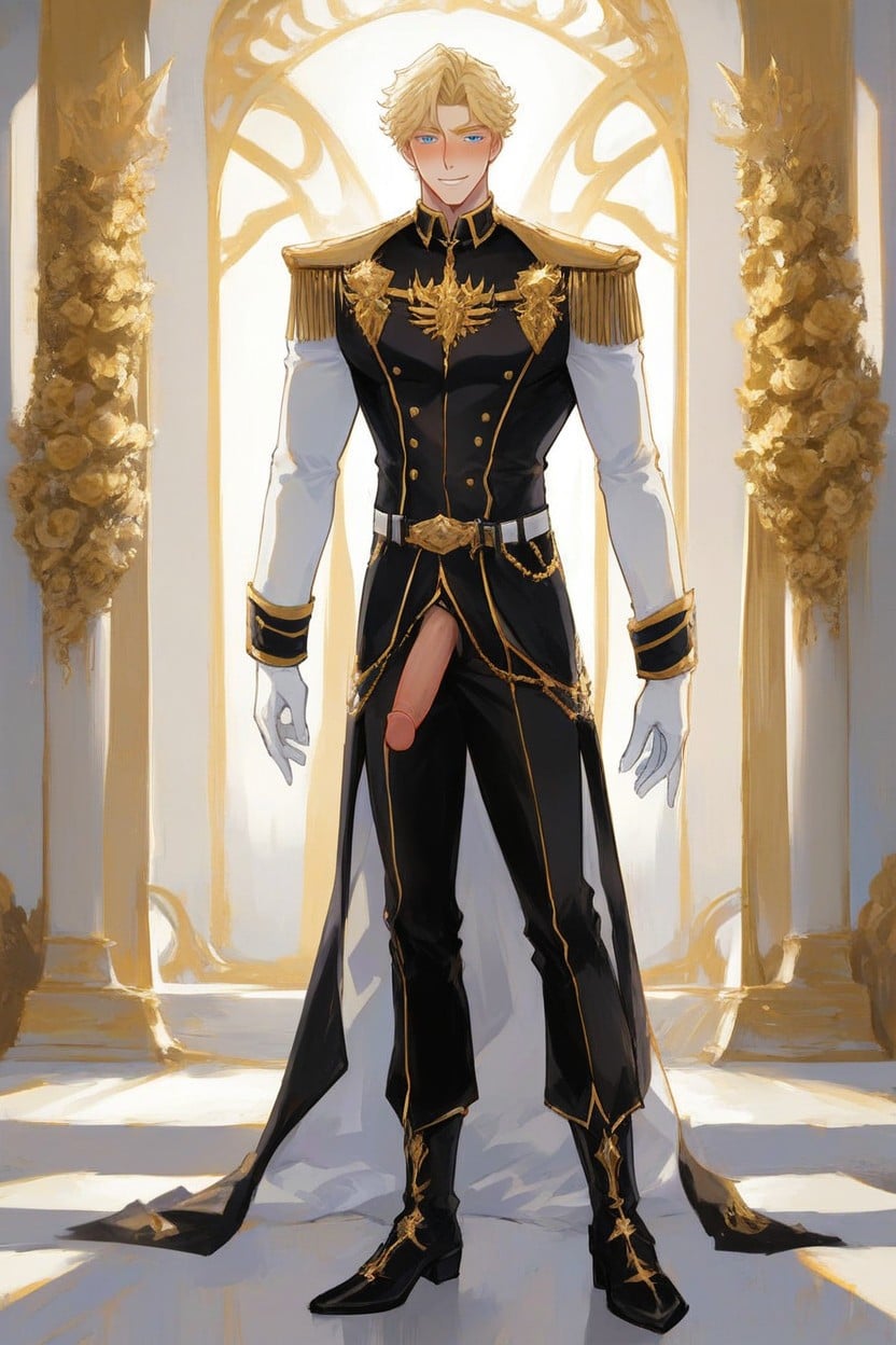 Full Body View, Medium Penis Size, Fancy Gold Royal Shoulder Tassels AI Gay Porn