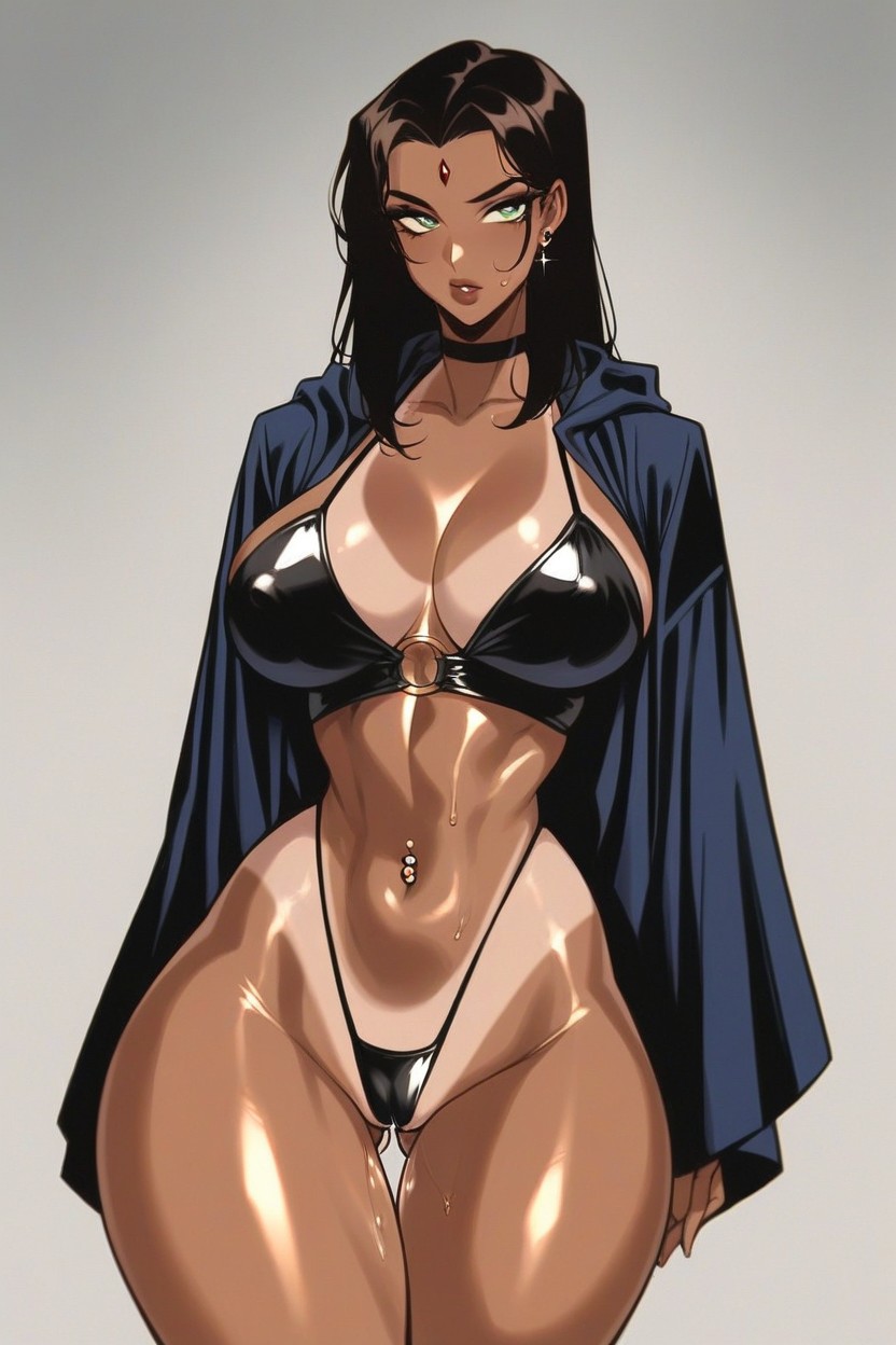 Black Choker, Ojos Verdes, Navel Piercing Hentai IA