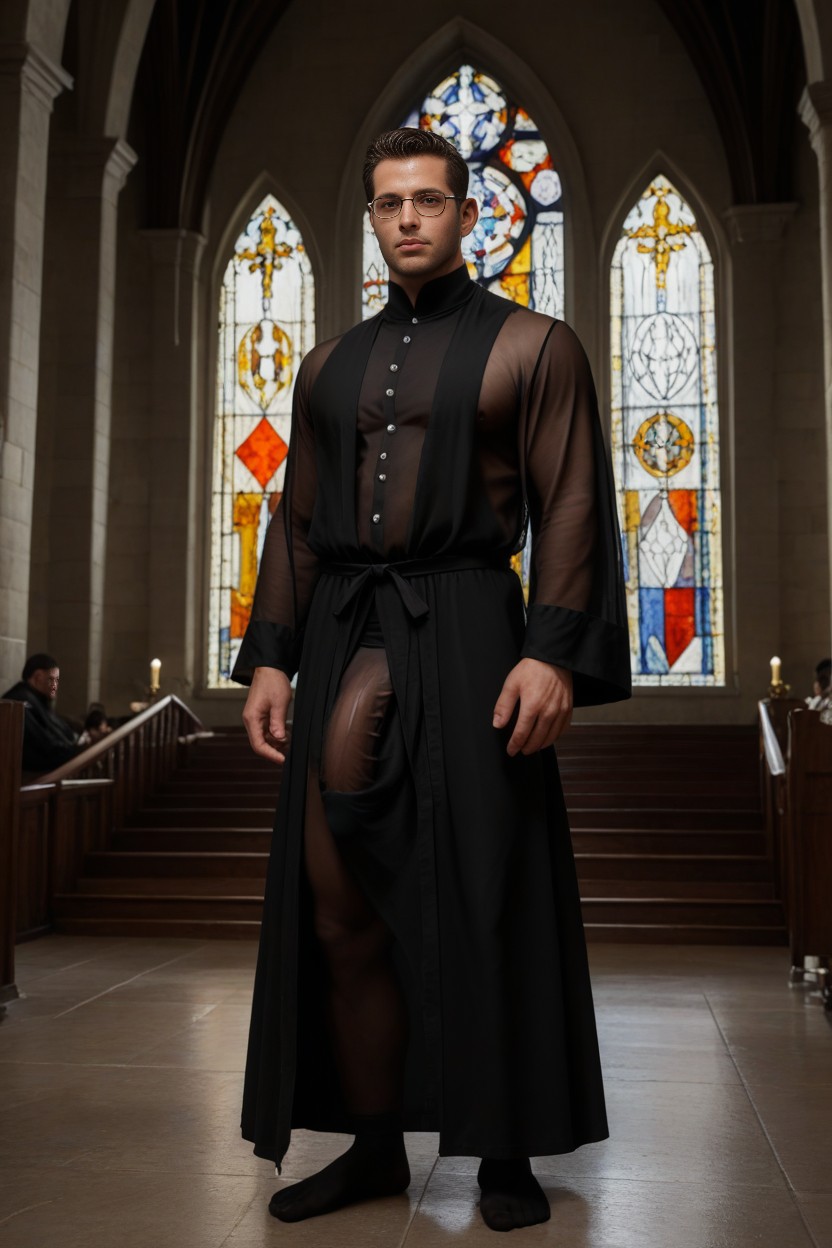 Ultra Compressed Penis Bulge In Bishop Robe, Soft Shadow, Pale Skin AI Gay Porn
