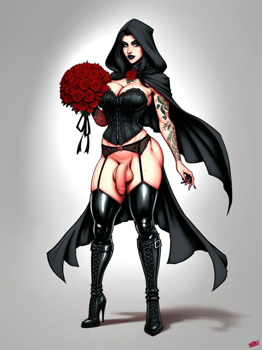 Voluptuous, Hdr Effect, Goth Cropped Hooded Cloak Shemale AI Porn
