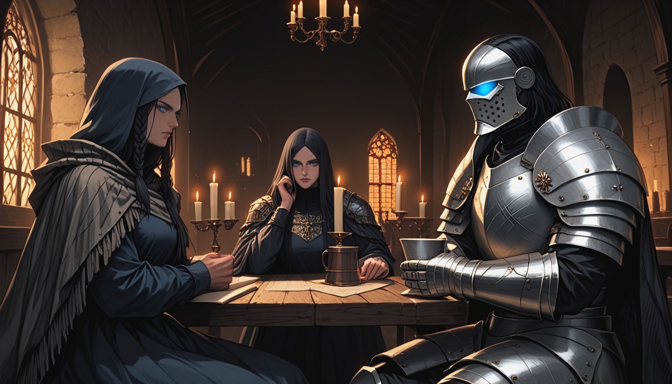 Sitting At Wooden Table, Elegant Wooden Staff Leaning Against Table, Powerful Muscular Physique AI Gay Porn