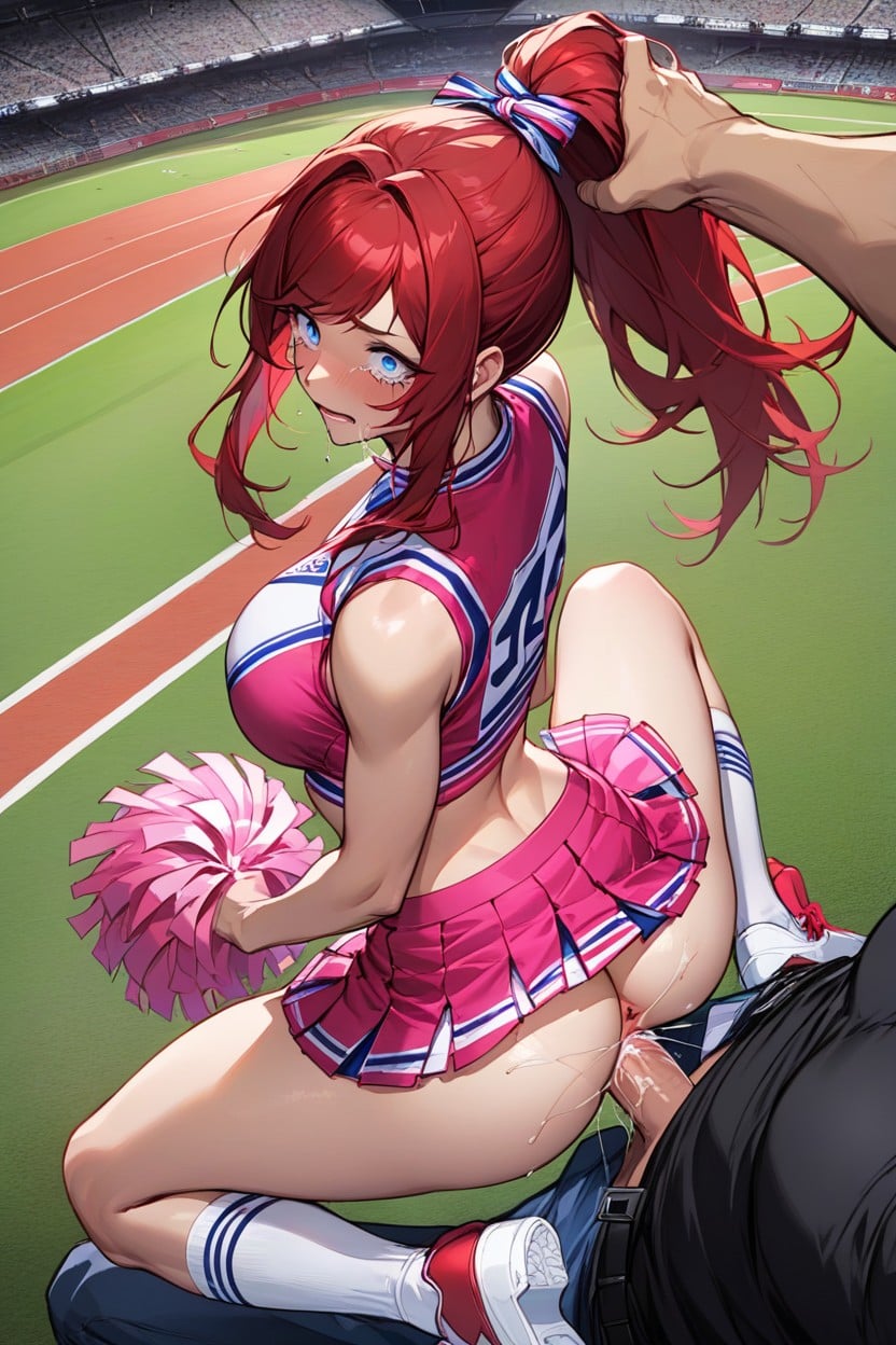 One Foot Exposed, Cheerleader White And Pink Crop Top, Double Penetration Hentai AI Porn