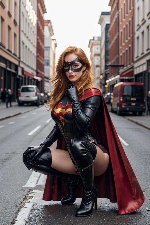 Squatting, Long Red Cape, Arched Back AI Porn