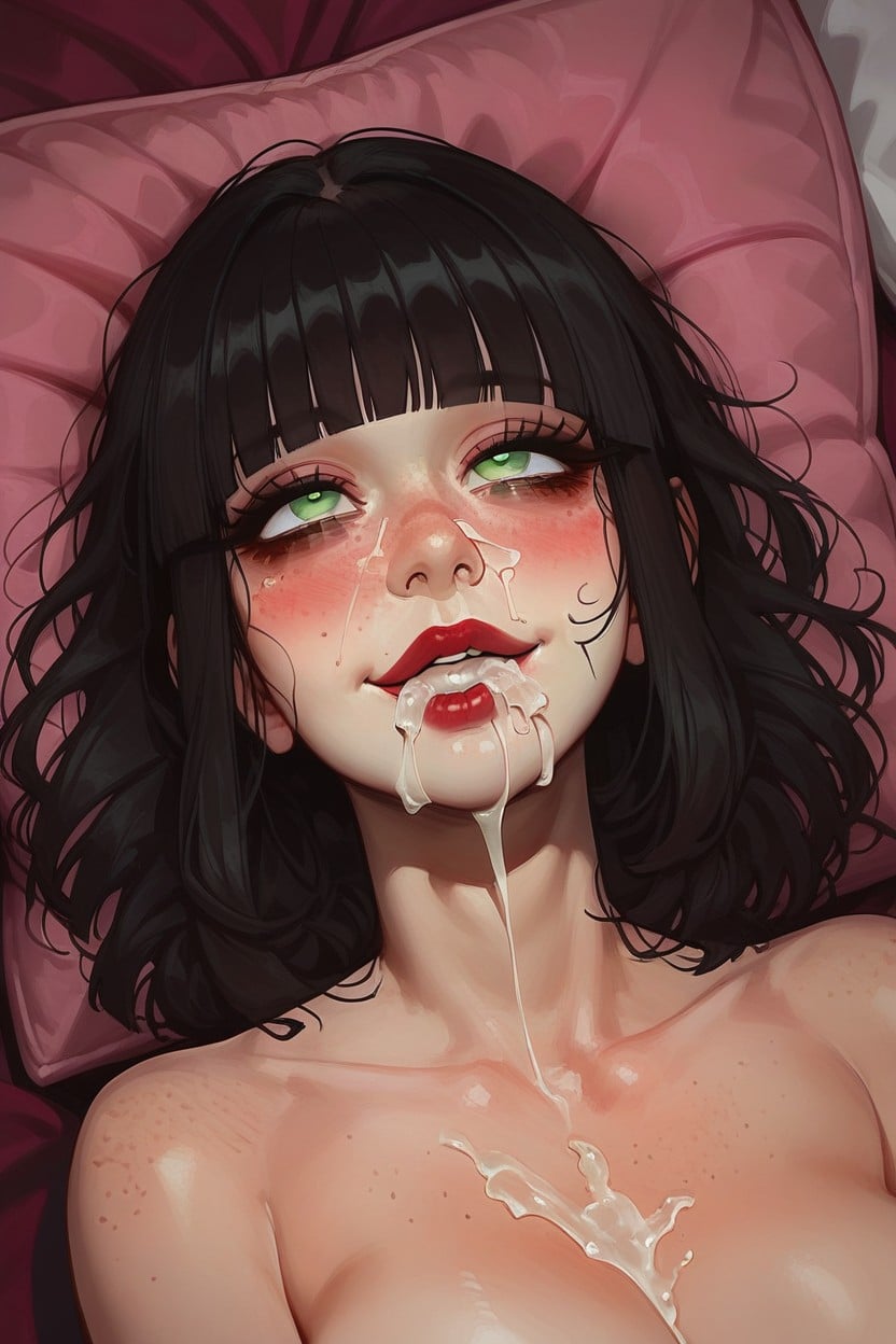 Round Face, Bed, Vibrant Green Eyes Hentai AI Porn