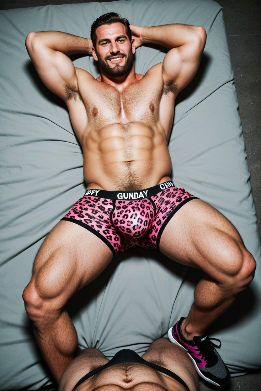 Hairy Chest, Bermuda Pulled Down, Manly AI Gay Porn