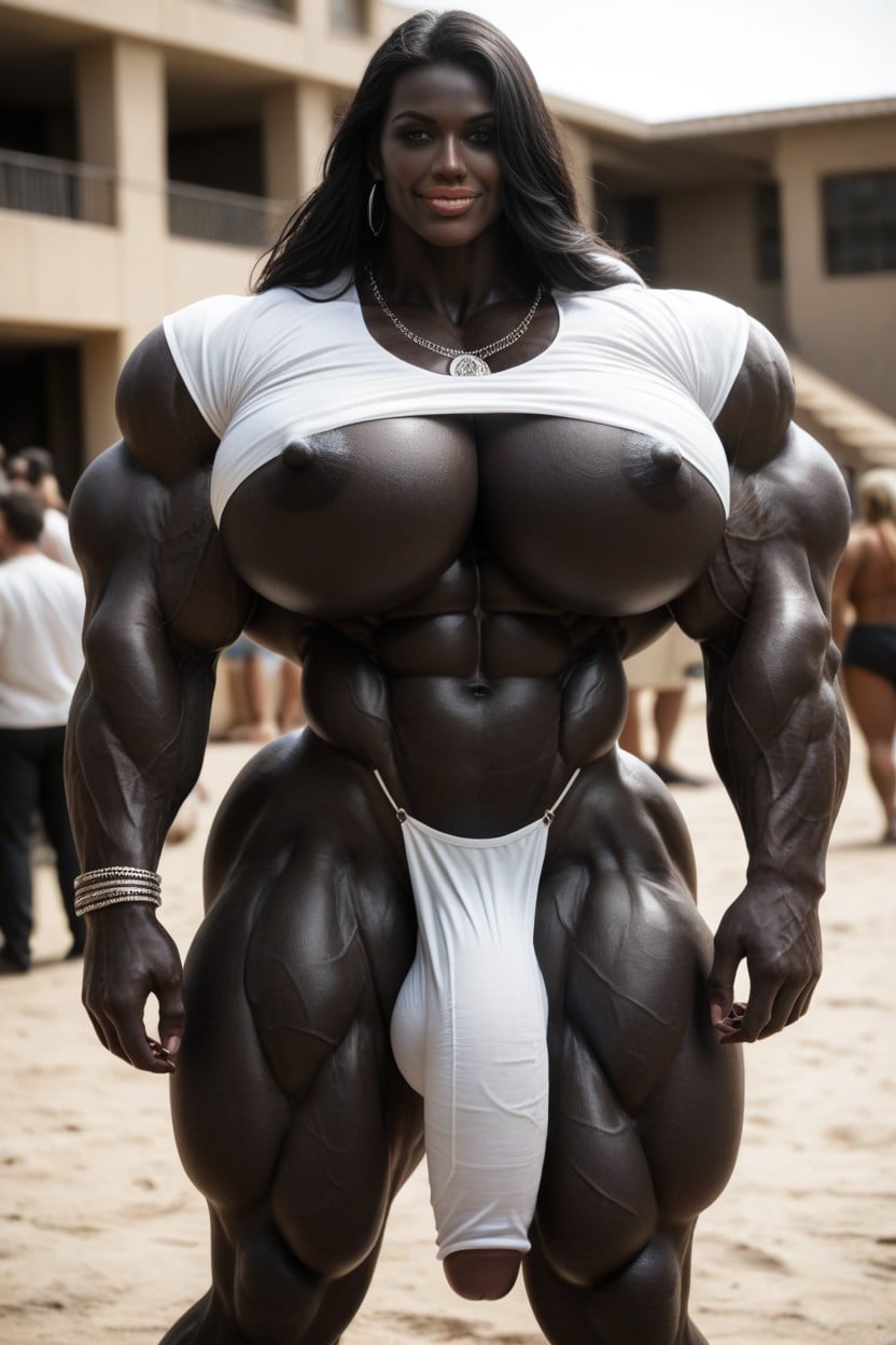 Gigantic Abdominal Obliques, Gigantic Trapezius, Hyper Black Skin Shemale AI Porn