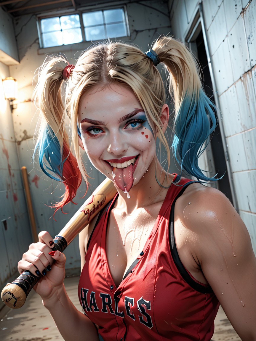 Harley Quinn Licking Baseball Bat, Extreme Dutch Angle, Erotic AI Porn