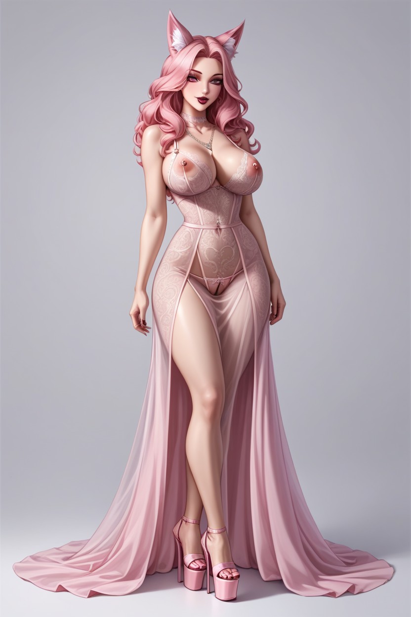 Wasp Waist, Pink Fox Tail, Curly Pink Hair Furry AI Porn