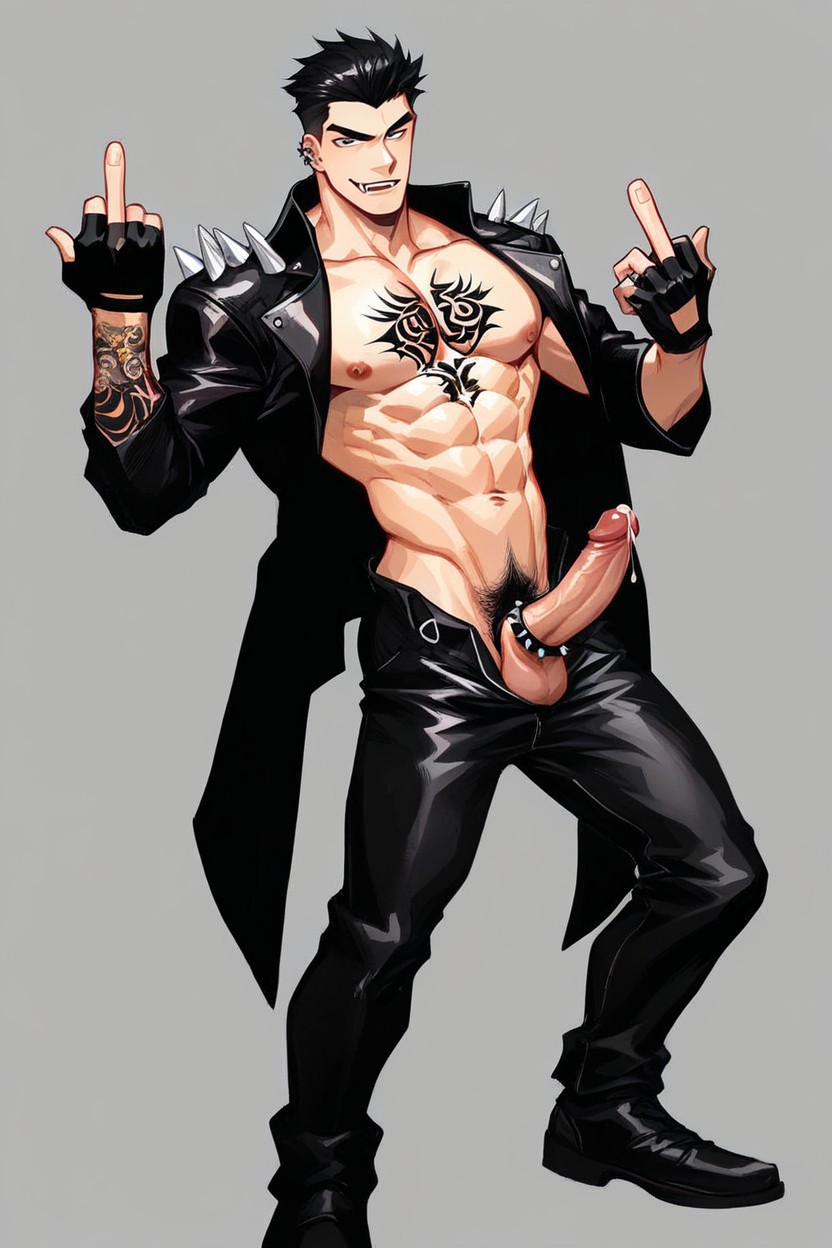 Showing Chest And Eight-pack Abs, Black Hair Color, Black Formal Leather Shoes AI Gay Porn