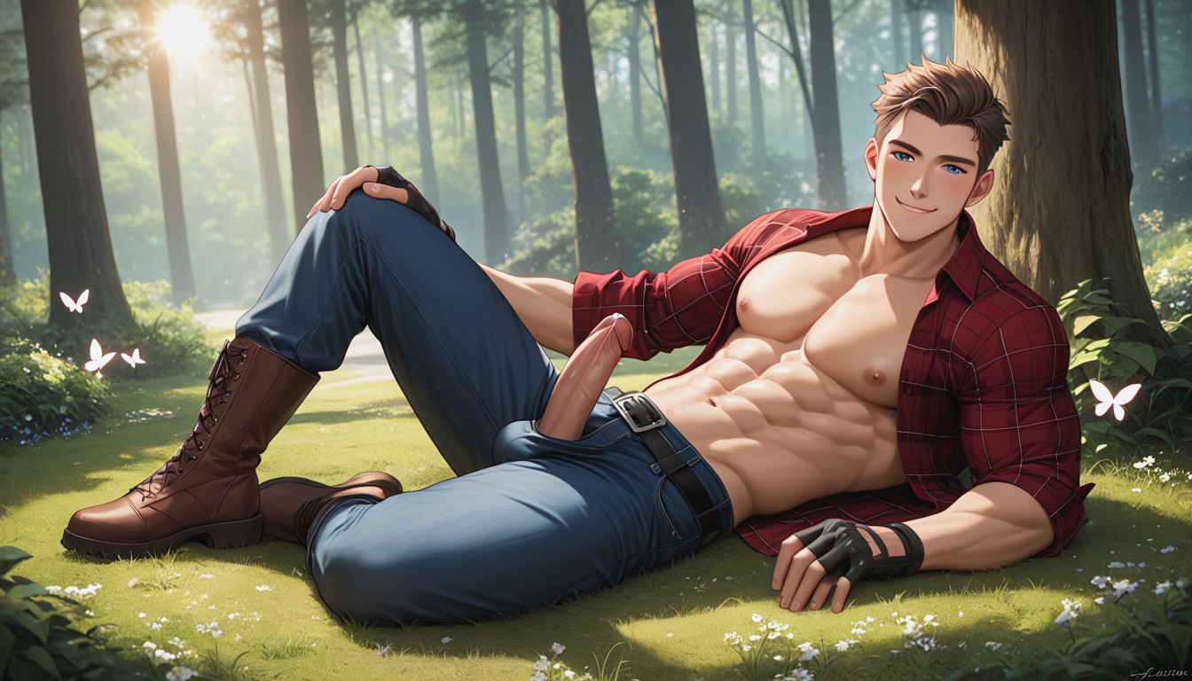 Butterflies In The Background, Black Belt With Silver Buckle, Light Skin AI Gay Porn