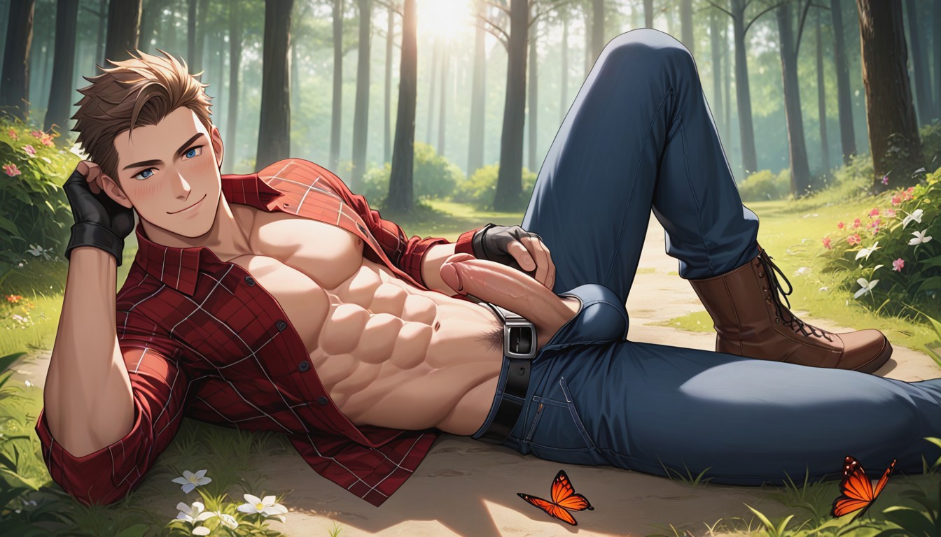 Flowers On Ground, Penis Out Of Pants, Intense Blushing AI Gay Porn