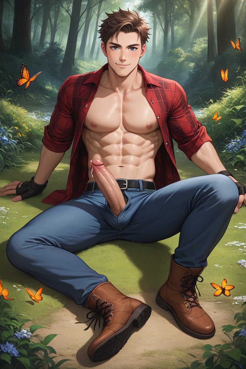Flowers On Ground, Laying, Showing Penis AI Gay Porn