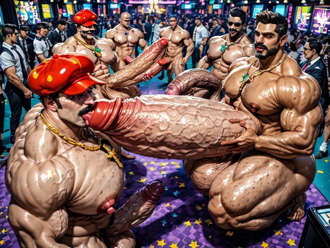 Rough Hyper Huge Cocks Everywhere On Him, Hyper Bulky Tanned Skin, Blowjob (3rd Person) AI Gay Porn