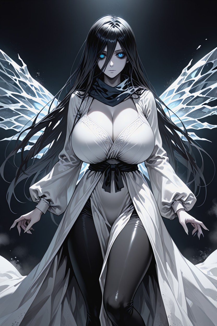Very Dark, Icy Blue Eyes, Blue Sclera Messy Hair Covering Eyes Hentai IA