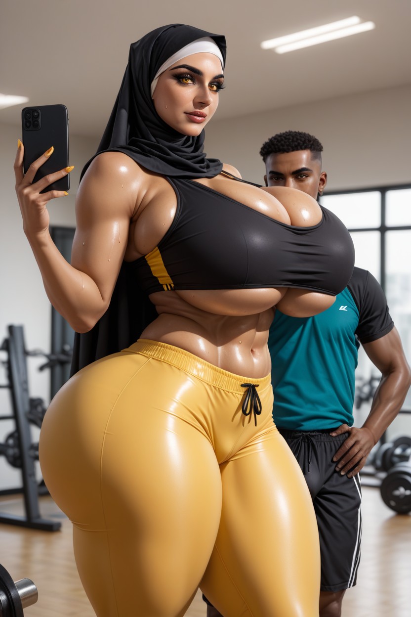 Colossal Breast, Wearing Gym Trunks, Side View Hentai AI Porn