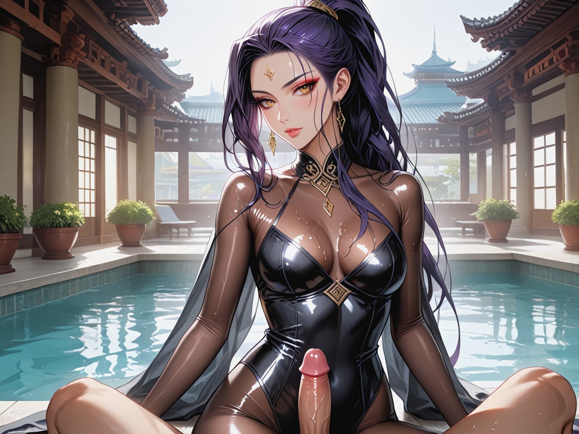 Atmospheric Scene, Transparent Nude Bodystocking With Luxurious Metallic Trimming And Padded Shoulders, Best Detailed Hair Hentai IA