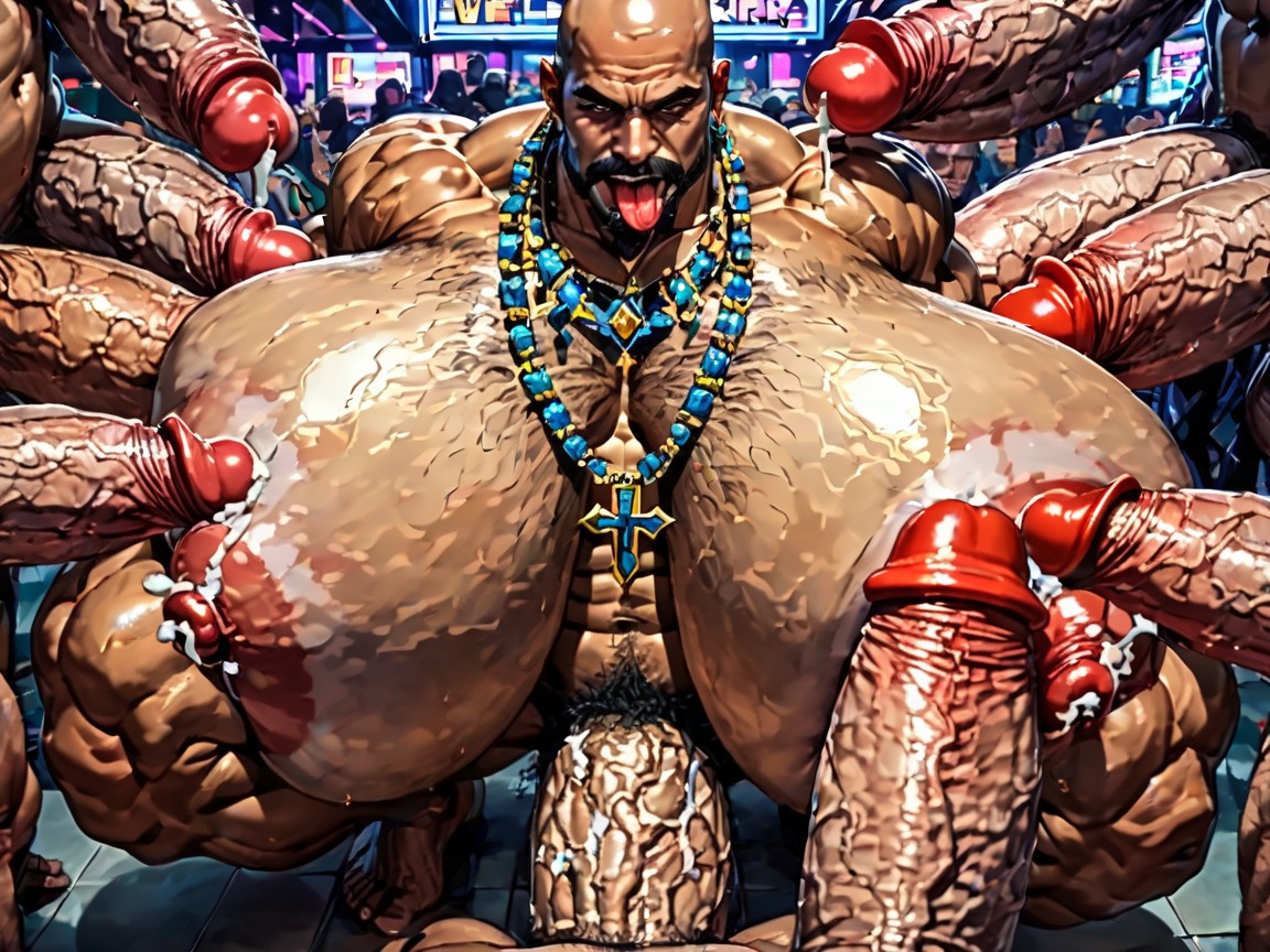 Hyper Bulky Tanned Skin, Rough Hyper Huge Cocks Everywhere On Him, Tongue Out AI Gay Porn