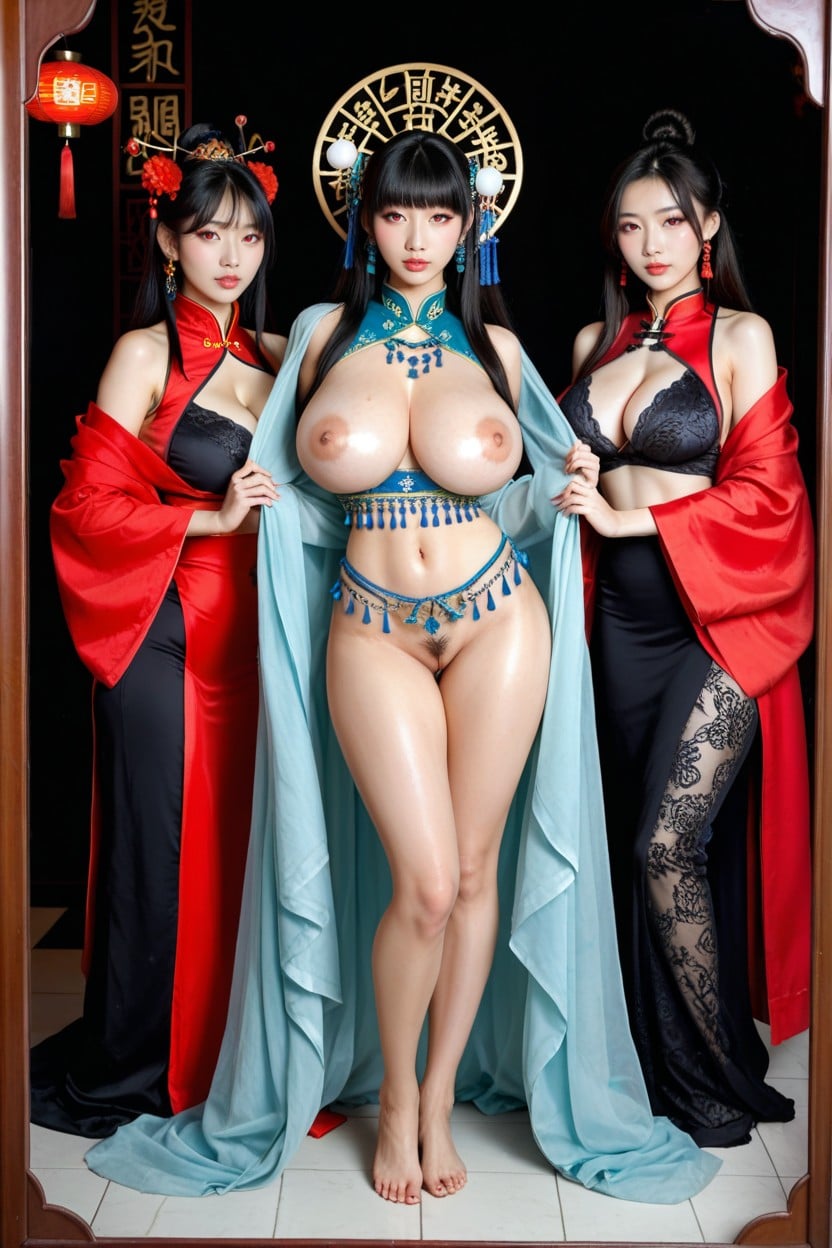 Long Black Hair, Hyper Detailed Eyes, Exposed Breasts AI Porn