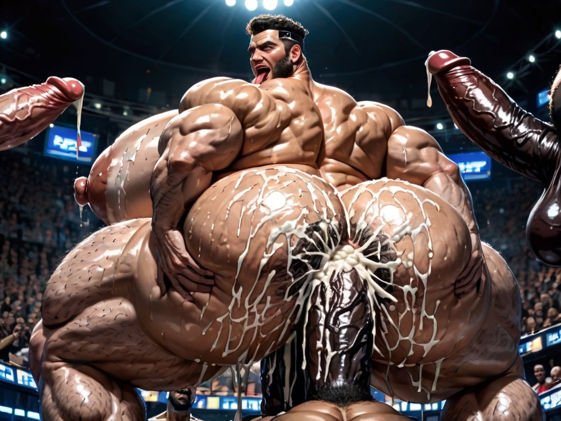 Huge Extreme Oversized Ass, Massive Thick Bulky Hairy Muscles, Sweaty AI Gay Porn