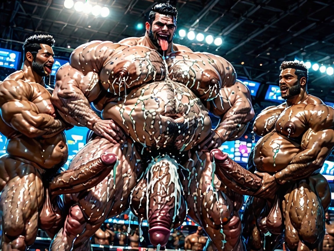 Three Gay Bodybuilder Bottom Men Bearded, Gang Bang, Cum Covered Ass AI Gay Porn