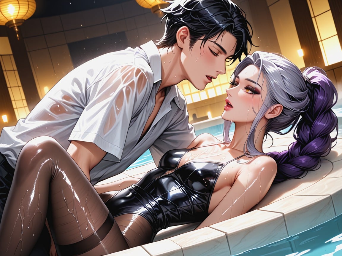 Centre Part Hair, Tall, Spacious Skyscraper Bathhouse Hentai AI Porn