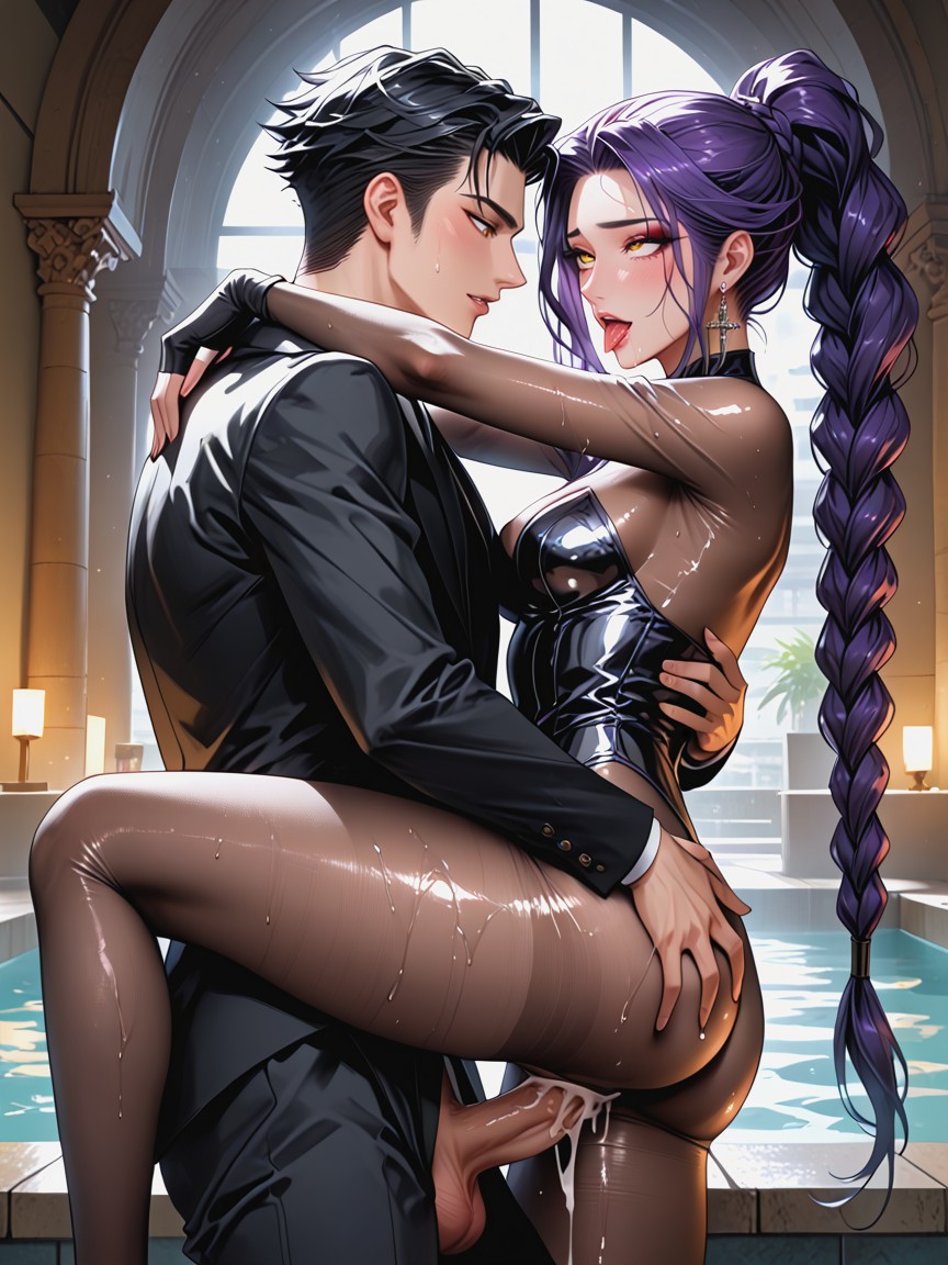 Neat Straight Hair, Detailed Body, Transparent Brown Bodystocking With Luxurious Metallic Trimming And Padded Shoulders Hentai AI Porn